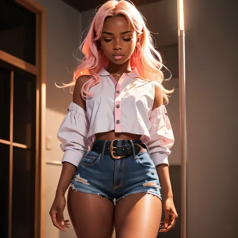 in laboratory, (18 years old), (dark skin), dark skin, wide shot, blond hair, orgasm, (white button down top, pink shorts with b...