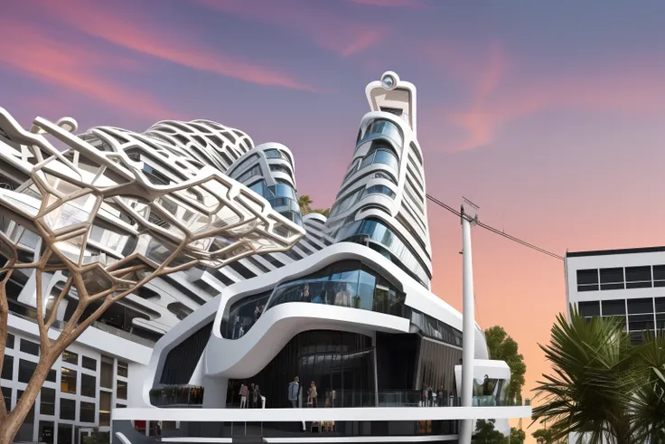 a futuristic and stunningly beautiful high-rise shopping center architectural structure with bold, futuristic design elements, b...