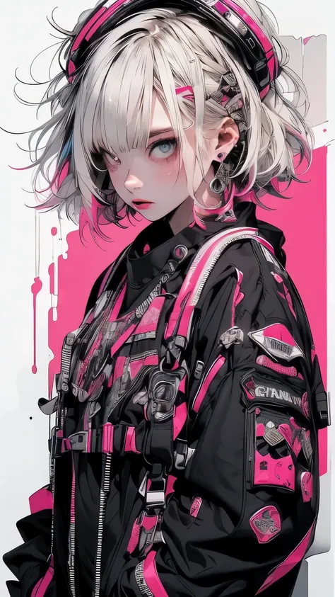 ((((dramatic))), (((granular))), (((intense))) film poster featuring a young platinum white hair woman as the central character. She stands Be confidently in the center of the poster, wearing a stylish and edgy Harajuku-inspired hip hop Costumes, with a de...