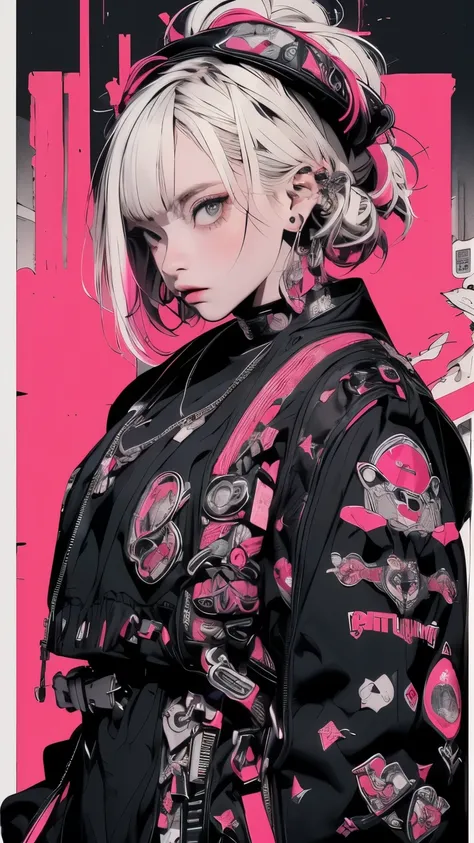 ((((dramatic))), (((granular))), (((intense))) film poster featuring a young platinum white hair woman as the central character. She stands Be confidently in the center of the poster, wearing a stylish and edgy Harajuku-inspired hip hop Costumes, with a de...