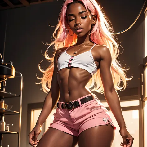 in laboratory, (18 years old), (dark skin), dark skin, wide shot, blond hair, orgasm, (white button down top, pink shorts with b...