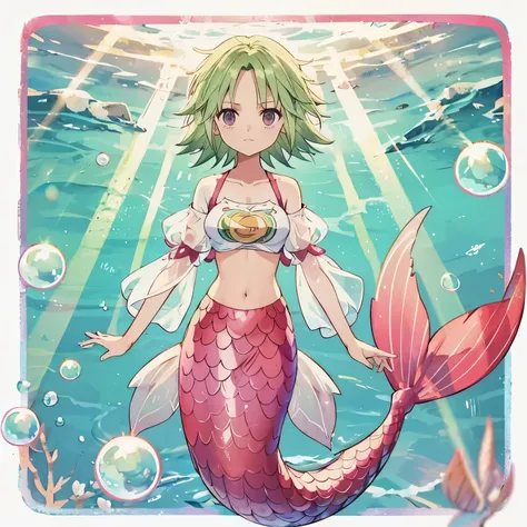 mermaid,camie,short hair,green hair,crop top, raglan sleeves, short sleeves