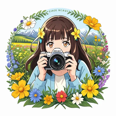 a logo of woman holding a digital camera, surrounded by a vibrant array of wildflowers, against a crisp white background, highli...