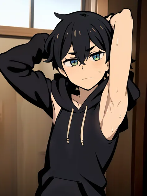 Highres, Masterpiece, Best quality at best,Best Quality,hight quality, hight detailed, Anime style, 1boy, Shota, young boy, Solo person, Andy, tcoaal, Black hoodie, Sleeveless hoodie, Seen from the front, look at viewer, (very young boy), (very small and s...