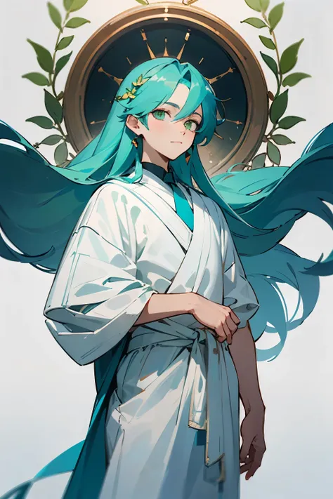 ((best qualityer)), ((work of art)), (detailded), male, long hair, cyan hair, green eyes, wearing quíton, white and green clothes, wearing Laurel Wreath, geometric shapes