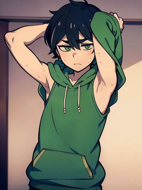 Highres, Masterpiece, Best quality at best,Best Quality,hight quality, hight detailed, Anime style, 1boy, Shota, young boy, Solo person, Andy, tcoaal, green hoodie, Sleeveless hoodie, Seen from the front, look at viewer, (very young boy), (very small and s...