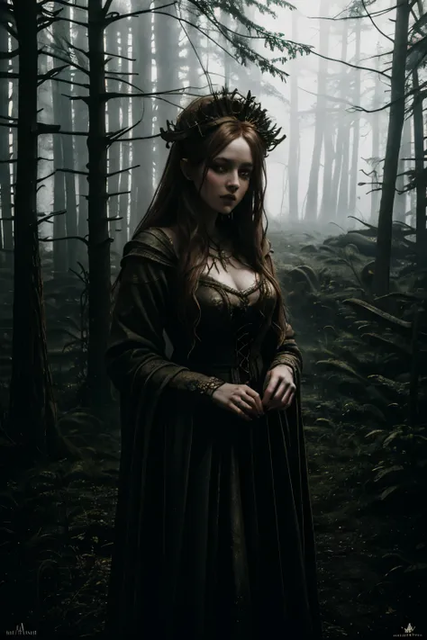  A hyperrealistic very pale woman with a long messy-straight redhair, freckled skin, skin pores, realistic textured skin, illuminated skin, wearing twigs on her head, wearing a white gothic dirty old dress. she is eating an apple and  is dancing in a fores...