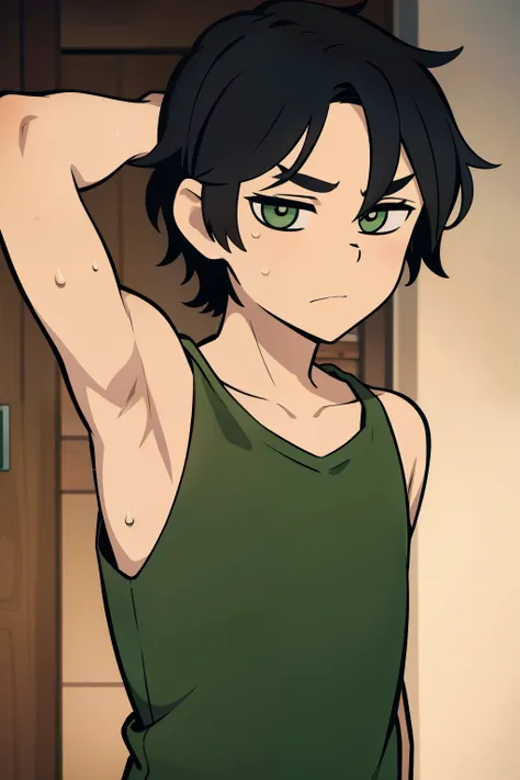 Highres, Masterpiece, Best quality at best,Best Quality,hight quality, hight detailed, Anime style, 1boy, Shota, young boy, Solo person, Andy, tcoaal, green shirt, Tank top, upper body, Seen from the front, look at viewer, (very young boy), (very small and...