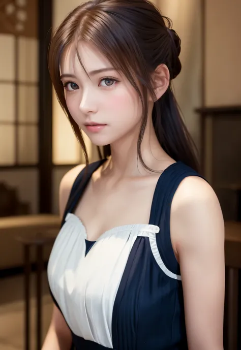 8K, of the highest quality, masutepiece:1.2), (Realistic, Photorealsitic:1.37), of the highest quality, masutepiece, Beautiful young woman, Pensive expression,、A charming、and an inviting look, Cute Maid Clothes, Hair tied back, Cinematic background, Light ...