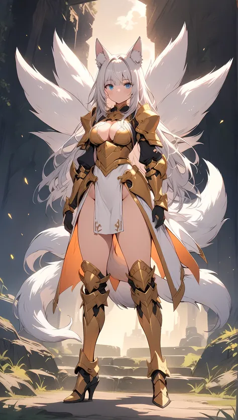 Masterpiece, Best Quality, 1girl, animal ear fluff, animal ears, armor, armored boots, arms at sides, bangs, black gloves, blue eyes, boots, breasts, cleavage, cleavage cutout, closed mouth, clothing cutout, dress, faulds, fox ears, fox girl, fox tail, ful...