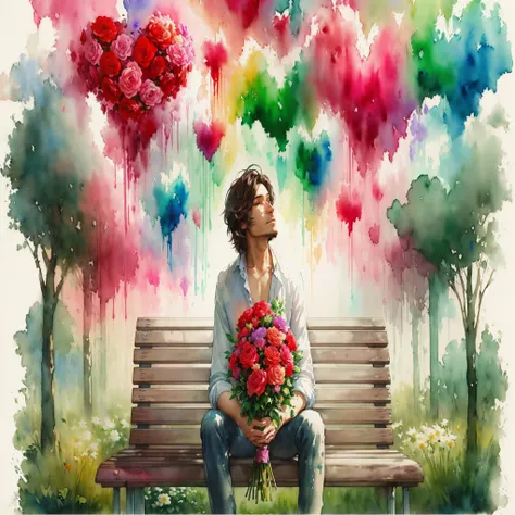 Painting of a man sitting on a bench with a bouquet of flowers, concept art of love, Sitting with Flowers, Emotional Conceptual Art, Detailed watercolor art, Inspiration from Sam Spratt, Watercolor Digital Painting, romantic paintings, Rob McNaughton, a be...