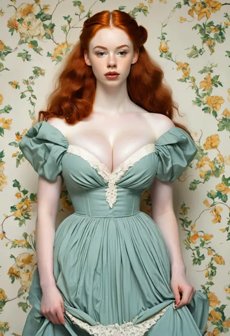 pale skin muscular redhead 18 year old woman huge breasts long dress in the style of Norman Rockwell