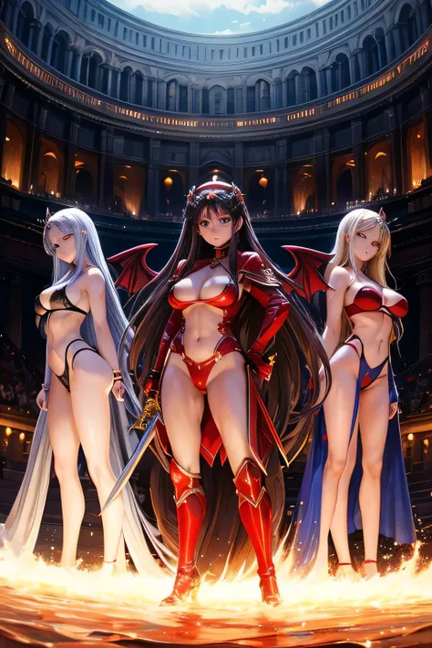 .3 Angels. and young brunette demons. red steel clothes swords shields steel wings bodies Athletic thin big breasts big buttocks long hair  .Coliseum 