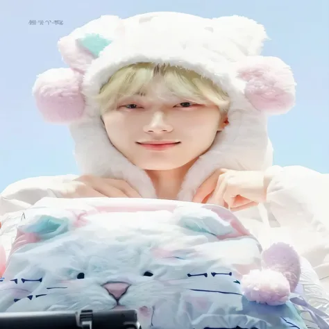 Araffe with a white cat hat and a pink and blue cat pillow, Kim Doyoung, Cai Xu Kun, sakimichan, sometimes ulzzang, pale korean adorable face, hong june hyung, Jung Jaehyun, with rabbit ears, TaeJune Kim, ulzzang, with rabbit ears largas y caídas, shikami,...