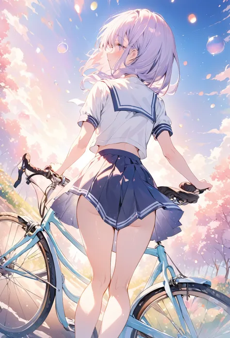 masterpiece, best quality, extremely detailed CG unity 8k wallpaper, Anime illustration of a high school girl riding a bicycle down an amazing downhill slope. She wears a sailor uniform. She is wearing a knee-length skirt. She is riding a bicycle with her ...