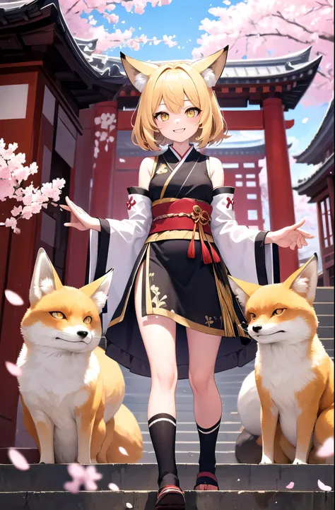 masterpiece, Highest quality, One person, Yellow Eyes, Medium Hair, stage, cherry blossoms, Temple, Fox Girl, Removable sleeves, Animal ears, Happy, Put your arms behind your back,