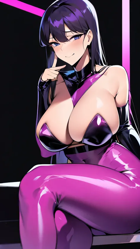 Komi Shouko, looking at the camera, smiling, sexy, big breasts, big thighs, latex outfit, tied up hair, cyberpunk background, night, better quality,finger on sexy tongue,