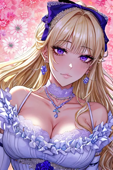 Kuroume_1024, ((shoujo-style, floral background, romance manhwa)), (close up), (1girl:1.2), platinum-blonde hair, solo, long hair, flower, dress, thick eyeblows, blue flower, wavy hair, closed mouth, collarbone, breast, cleavage, puffy sleeve, white dress,...