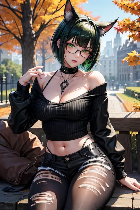 1 miqote woman, cat ears with green tips, black and green short wolf cut hair with green highlights, freckles, pale skin, black cat tail, (glasses), green detailed eyes, green lipstick, thick thighs, masterpiece), (detailed face:1.2), beautiful, clear imag...