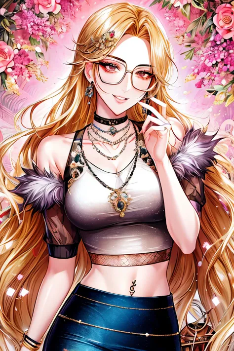 kuroume_1024, ((shoujo-style, floral background, romance manhwa)), blonde hair, phone, jewelry, sunglasses, earrings, long hair,...