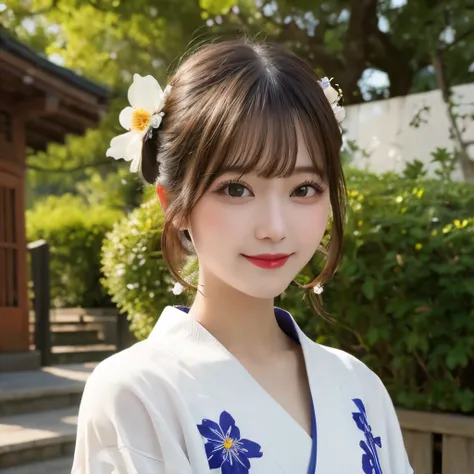 whole body, Highest quality, shape, Very detailed, In detail, High resolution, 8k wallpaper, Perfect dynamic composition, Beautiful details, kimono，Medium Hair, Center of chest, Natural color lip, Random sexy poses,smile,shrine，Flower Hair Ornaments，cute，