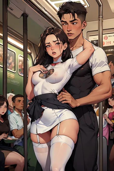 (SFW), ((photorealistic)), (masterpiece), (best quality:1.3), absurdness, [:intricate details1.3], SFW, realistic, masterpiece, (((VERY crowded subway train interior detailed scenario, VERY crowded subway train interior detailed background))), standing ins...