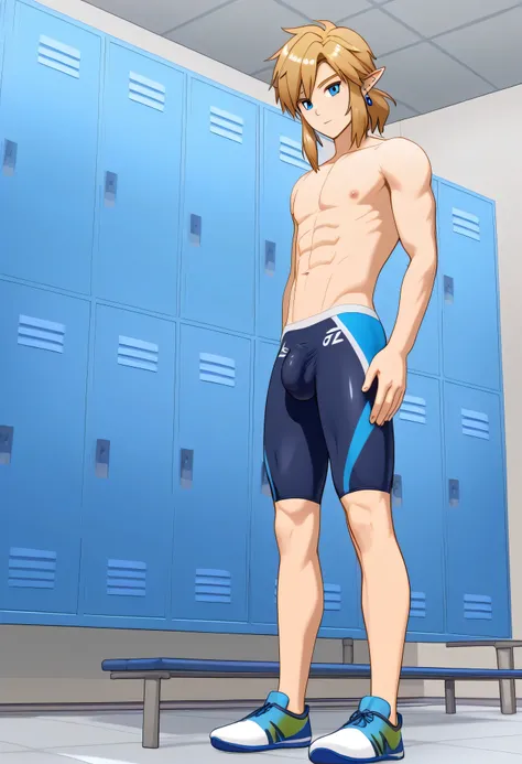 (Masterpiece), (Best Quality), ((Highly Detailed)), Link from botw, male, boy, medium hair, blonde hair, blue eyes, blue earrings, full body, horny, big bulge in the crotch, upper body free , stiff cock, nsfw, in the locker room, 4k, 8k, anime style