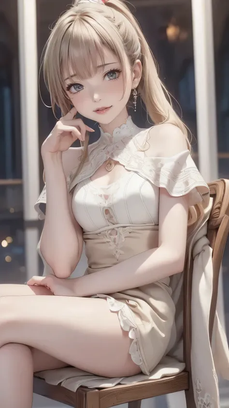 (masterpiece),(highest quality:1.2),((Perfect Anatomy)),(Perfect Fingers:1.3),(The right move:1.3),(1 girl),(Flat Chest),highest quality,Blonde ponytail,Blunt bangs,(From the side)(Glancing sideways),Beautiful and detailed red eyes,Beige Capelet Fashion,Si...