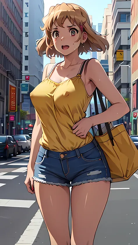 NFSW, Tabletop, Highest quality, High resolution, woman, , City Street, sunlight, blue sky, whole body, detailed aspects, DetailedWoman, See the details in action, finger details, Leg Details, Large Breasts, BIG ASS, [Pink camisole], Very short denim hot p...