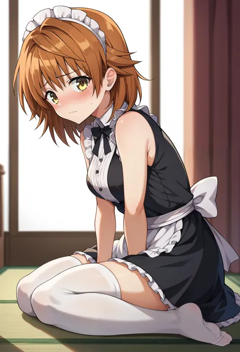 score_9, score_8_up, score_7_up, 1girl, solo, yuusaki riko, yellow eyes, brow hair, medium hair, spiked hair, maid suit, sleeveless, black suit, white thighhighs, sitting on ground, blushing, nervous, hands on crotch, no shoes, from side, looking at you, b...