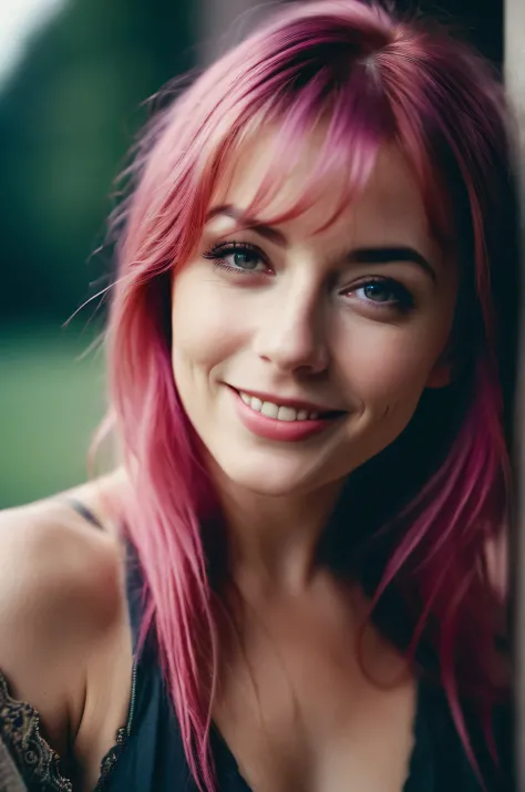 closeup portrait, Surreal, amazing quality, masterpiece, best quality, awesome, inspiring, a light smiling amused woman 30 yearold, with hair over her eyes, hair completely covers her face. Pink hair, viking haircut , arouse pose, sexy face, sexy tong, cin...