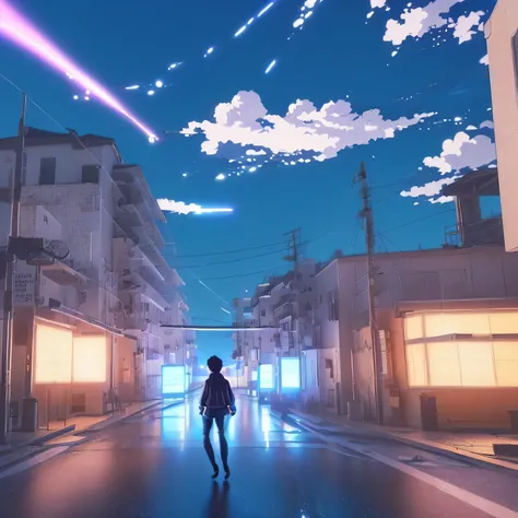 anime man walking on a road with a bright light shining down, makoto shinkai. octane render, makoto shinkai. —h 2160, your name movie style, makoto shinkai cyril rolando, ( ( makoto shinkai ) ), screenshot from the anime film, anime film still, makoto shin...