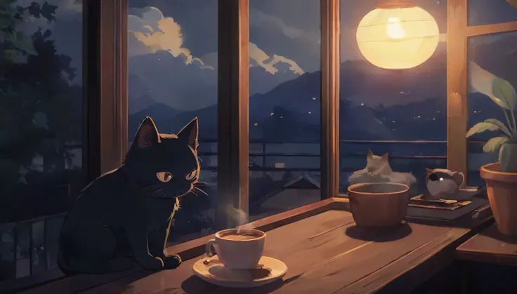 A cat is sitting on a table next to a coffee cup, Cozy cafe background, praise art, Cat drinking coffee, praise portrait at a window, praise artstyle, The cat is drinking tea, cozy wallpaper, praise portrait, Anime Background, Relaxed atmosphere, praise, A...