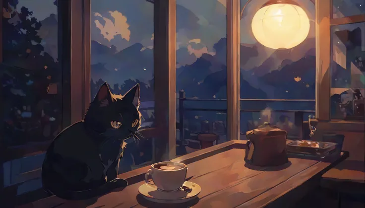 A cat is sitting on a table next to a coffee cup, Cozy cafe background, praise art, Cat drinking coffee, praise portrait at a window, praise artstyle, The cat is drinking tea, cozy wallpaper, praise portrait, Anime Background, Relaxed atmosphere, praise, A...