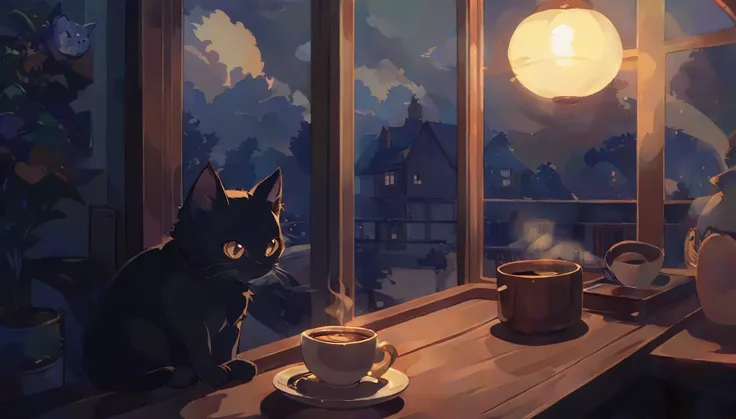 A cat is sitting on a table next to a coffee cup, Cozy cafe background, praise art, Cat drinking coffee, praise portrait at a window, praise artstyle, The cat is drinking tea, cozy wallpaper, praise portrait, Anime Background, Relaxed atmosphere, praise, A...