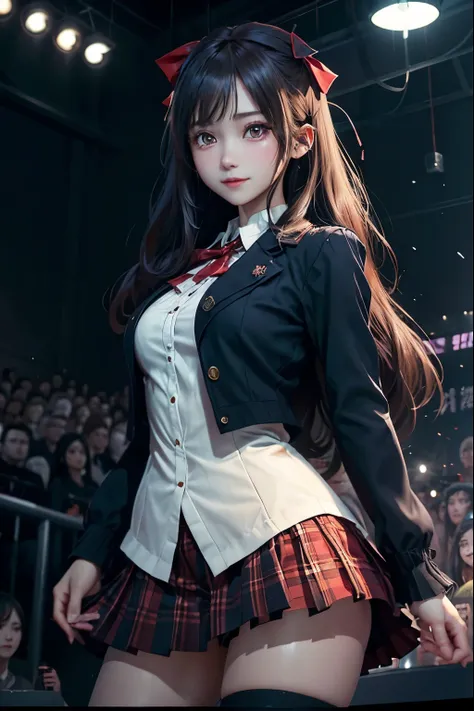 High school girl blazer、uniform、Red checked knee-length skirt、Long skirt、JK Style、Jacket、smile、Knee-high socks、Thigh-high socks、pantyhose、Extremely beautiful、Super cute、ennui、Rare Beauty、Dark black eyeshadow、sad、Skin radiance、Long Hair Straight Hair、Dark G...