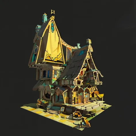 isometric view of an old witch's house, in the style of game art style, with a purple roof and green window frames, small pumpki...