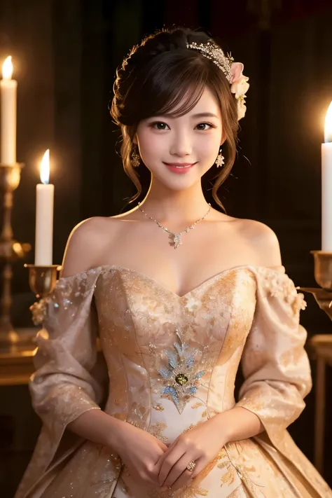 In the candlelight、A beautiful woman in a gorgeously decorated dress、She has a mysterious smile