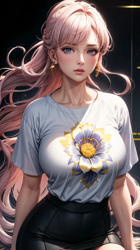 (best quality:1.5, highres, UHD, 4K, detailed lighting, shaders), white curly floral haired, gradient hair, large breasts, suit, T-shirt, social shirt, short skirt, mature woman , (pov), white background, colorful eyeshadow, dramatic lighting, sparkling ey...