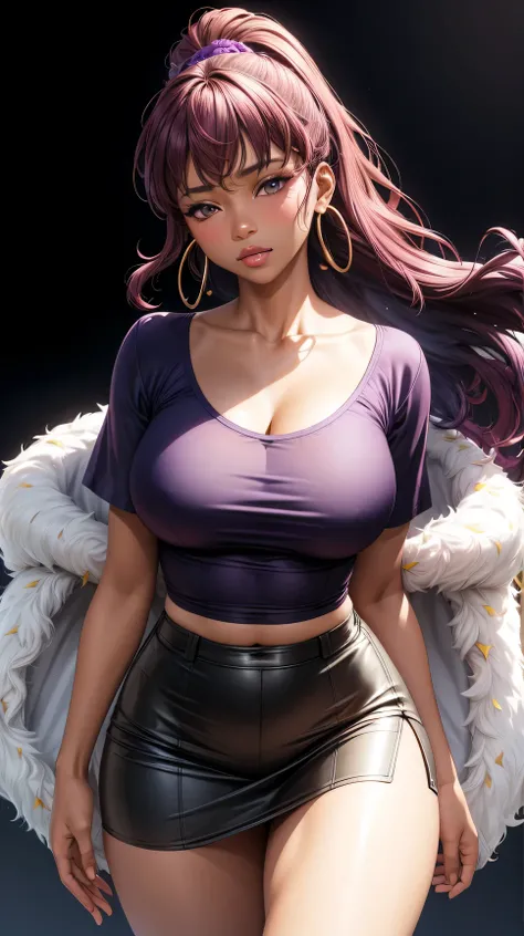 (best quality:1.5, highres, UHD, 4K, detailed lighting, shaders), purple curly floral haired, gradient hair, large breasts, suit, T-shirt, social shirt, short skirt, mature woman , (pov), white background, colorful eyeshadow, dramatic lighting, sparkling e...