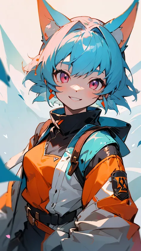 Portrait of one person、Girl、Riders jacket、Small breasts、Light blue hair、Dog Ears、Pink Eyes、smile, impression, (Oil), Blue and orange tones、Zelda Style