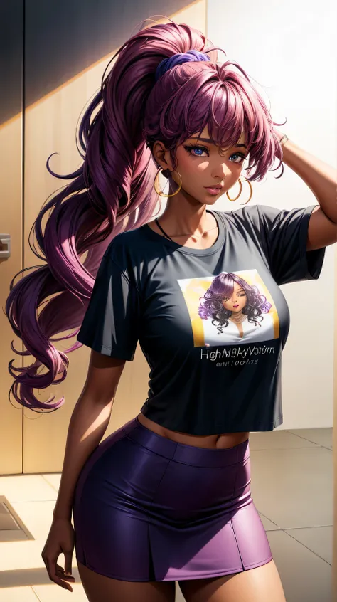 (best quality:1.5, highres, UHD, 4K, detailed lighting, shaders), purple curly floral haired, gradient hair, large breasts, suit, T-shirt, social shirt, short skirt, mature woman , (pov), white background, colorful eyeshadow, dramatic lighting, sparkling e...