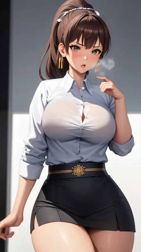 (best quality:1.5, highres, UHD, 4K, detailed lighting, shaders), chun-li, large breasts, suit, gray shirt, social shirt, short skirt, mature woman , (pov), white background, colorful eyeshadow, dramatic lighting, sparkling eyes, sensual expression, golden...