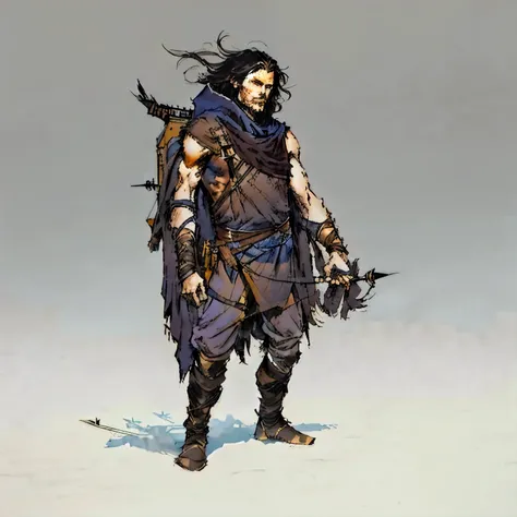 Its tall and skinny, with long, very dark brown hair, He looks younger than he is, Always appears with loose, messy hair, which sometimes makes people think hes strange or crazy, hood with earflaps, and travel gear, bow and arrow