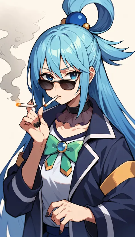 aqua (konosuba), blue eyes, very long hair, hair rings, hair bobbles, single hair ring, blue hair, hair ornament, long hair,cigarette, smoking, solo, nail polish, black nails, sunglasses, smoke, choker, black choker, collar, jacket, mouth hold, holding, ba...