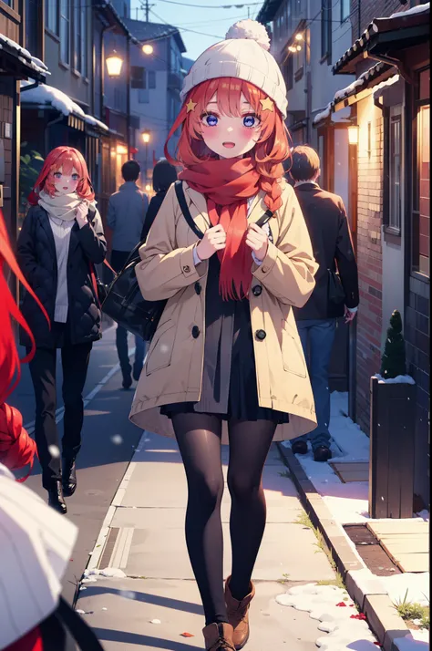 itsukinakano, Itsuki Nakano, bangs, blue eyes, Hair between the eyes, Ahoge, Redhead, star (symbol), hair ornaments, star hair ornaments,smile,Open your mouth,White Breath,blush,Long, thick braids,Knitted hat,White scarf,Red long coat,V-neck sweater,Black ...