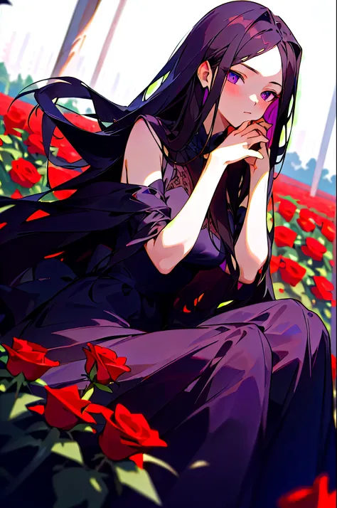 (masterpiece, best quality),1girl with long dark hair, purple eyes, , sitting in a field of red roses, her hand under her chin, warm lighting, black dress, blurry foreground