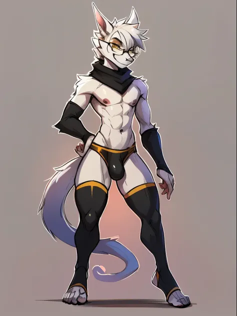 Male, Arctic wolf, detailed yellow eyes, long tail, big nipples, slim, sly, simple background,smirk, bulge,  glasses, tail wrapping around body，stirrup legwear，full body