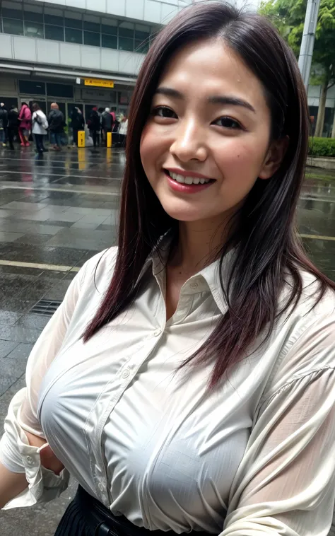 (masterpiece, Highest quality), One girl, Beautiful office lady, Very wet, soaked from heavy rain, Long black hair, Straight hair, White blouse, ((face close up:1.2)), saggy big breasts:0.3, joy expression, Street Background, Detailed Scene, Reflective Pud...