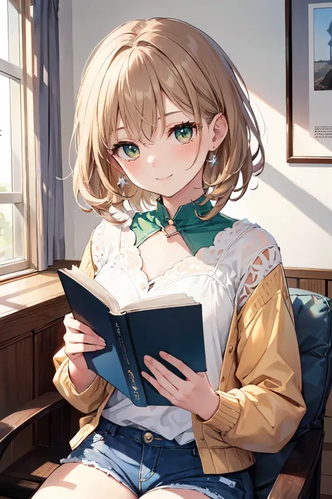 masterpiece, Highest quality, Very detailed), Portrait of an 18 year old woman with light brown hair, Green round eyes, Beige blouse and blue jeans、Smiling Blue Shorts、Reading the Brown Book - Auto Ultrarealistic -  